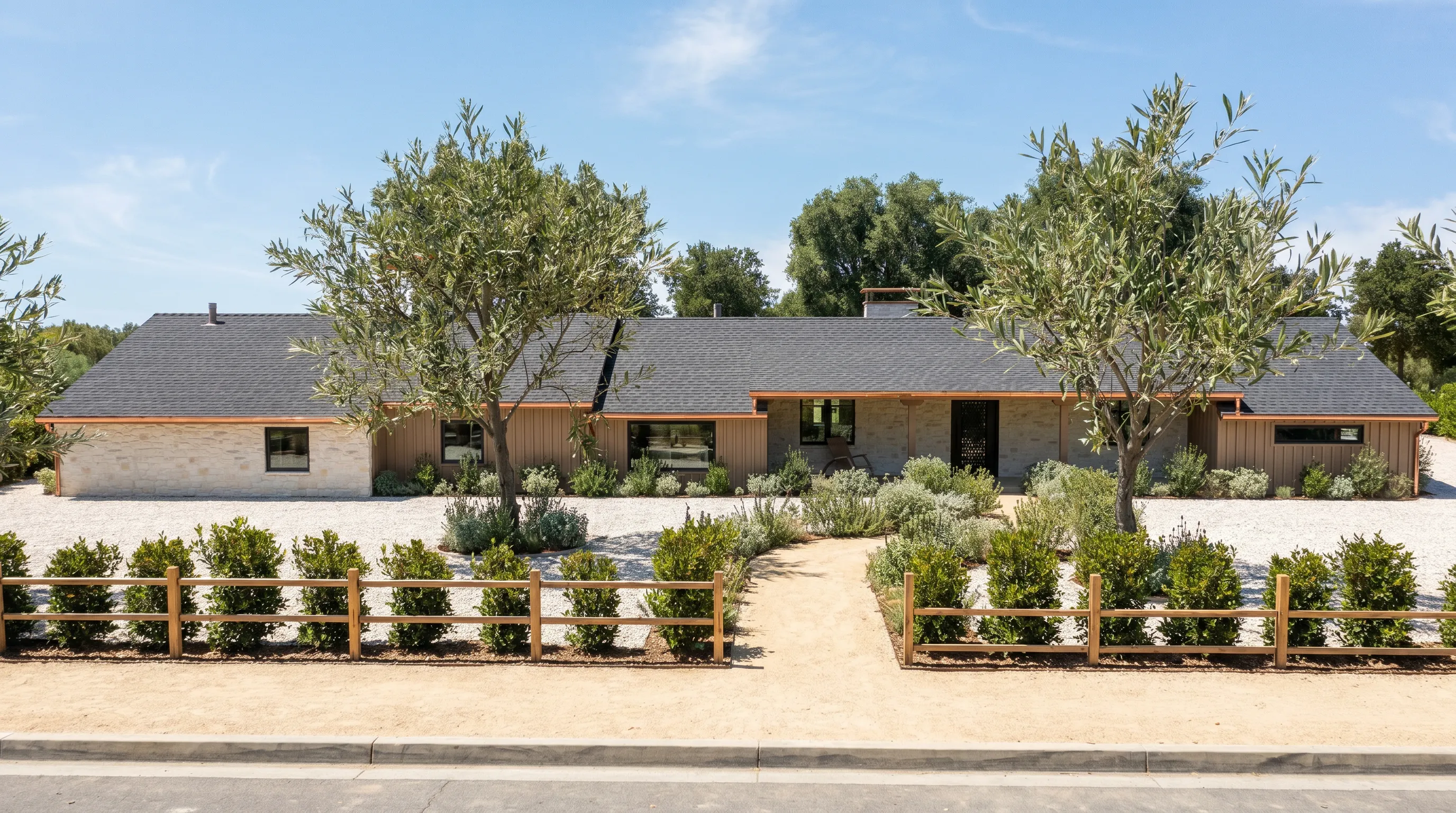 3D exterior render of a single-storey modern ranch home with olive trees
