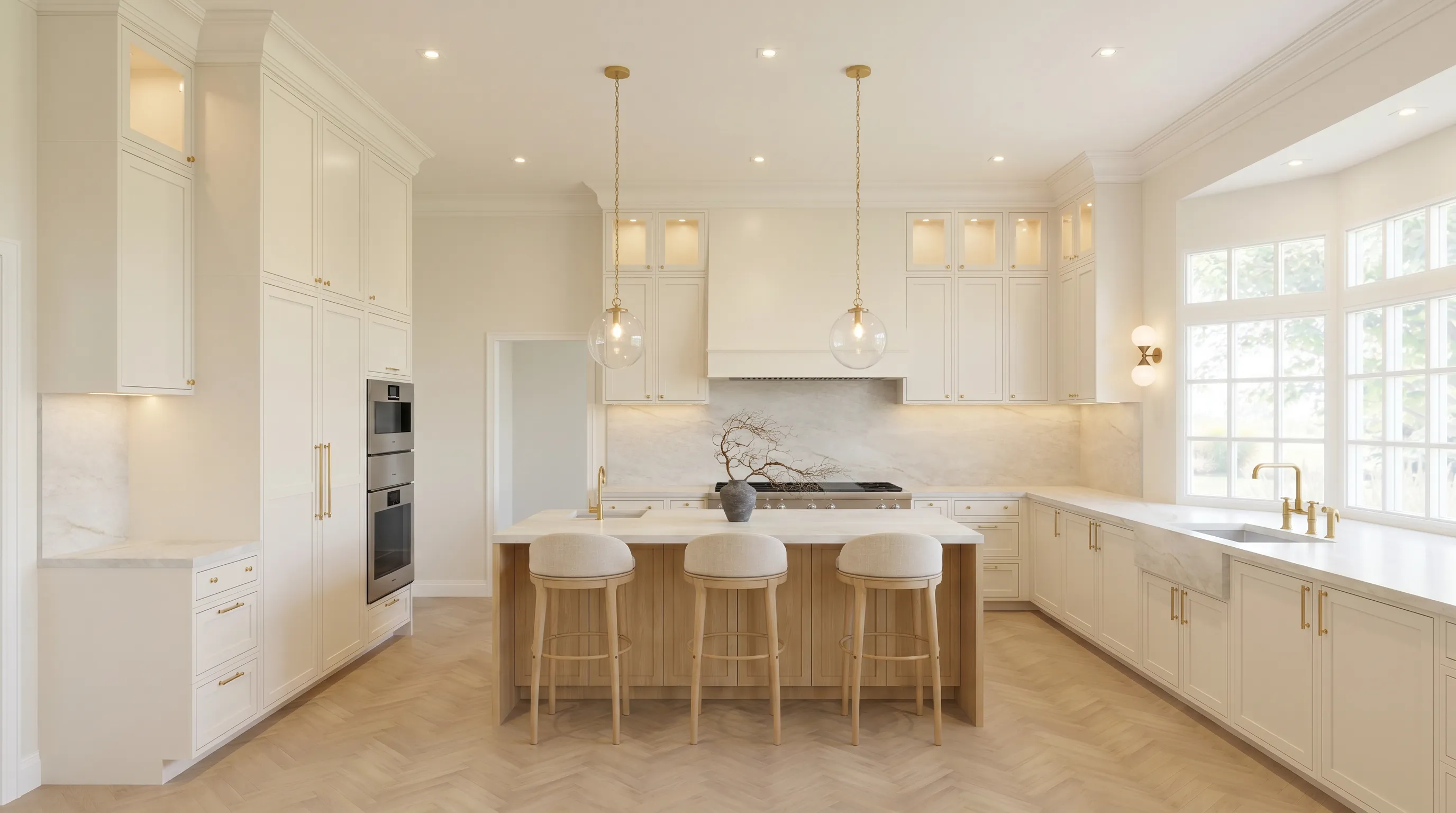 3D interior render of a white kitchen with gold pendant lighting and a herringbone floor