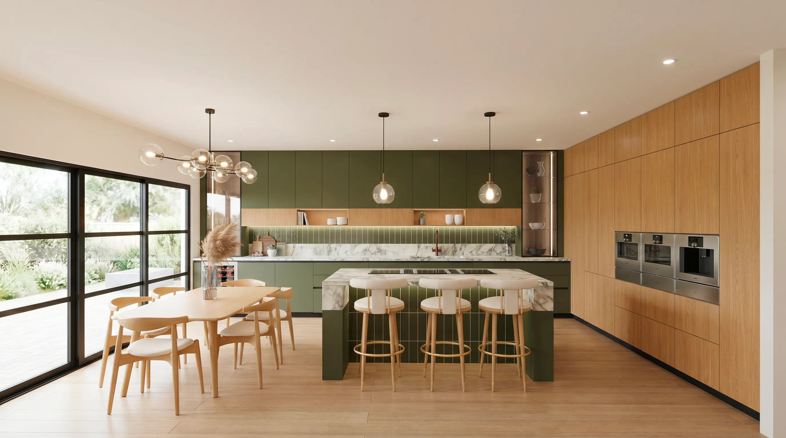 3D render of an open-plan kitchen with green and oak cabinetry