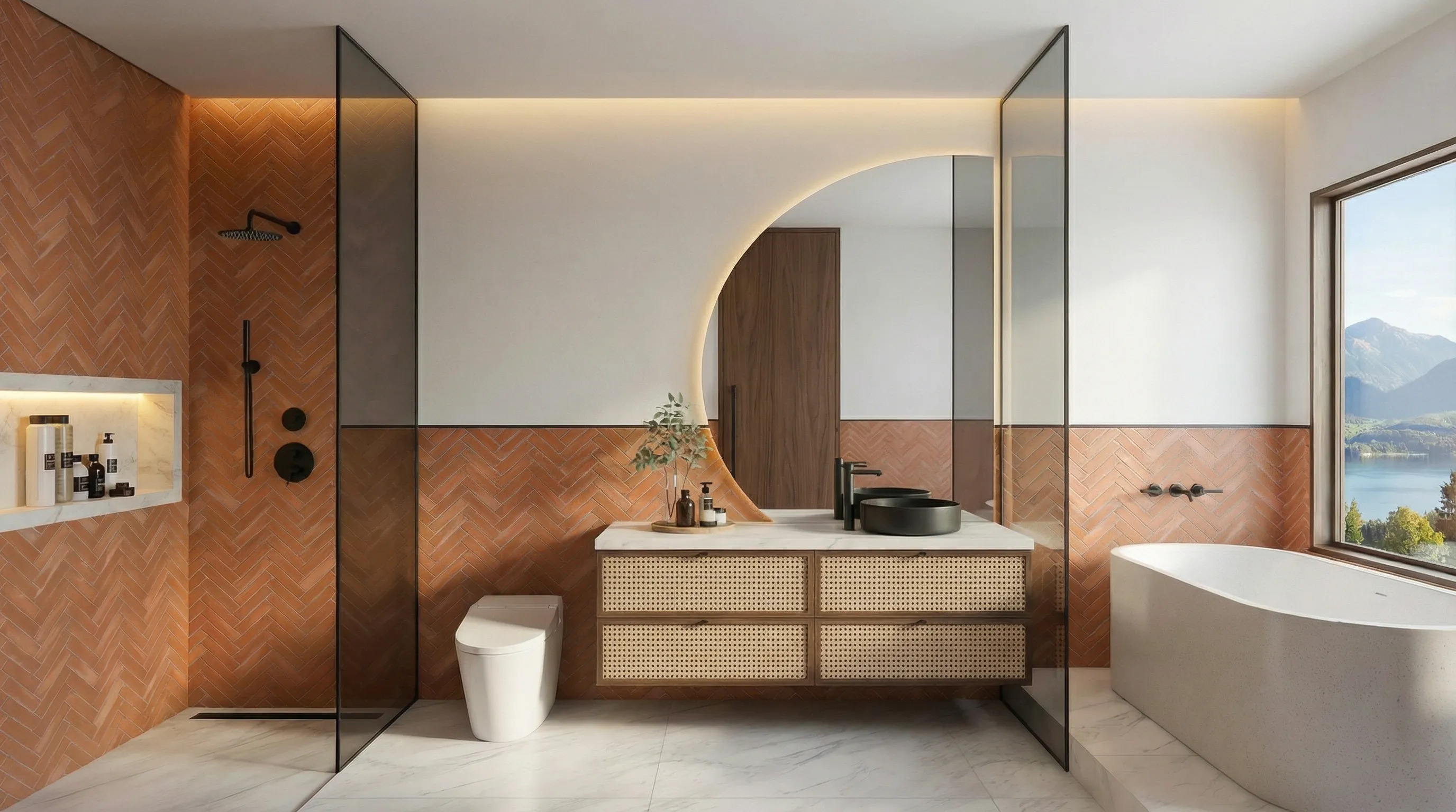3D render of a terracotta-tiled bathroom with an organic mirror and a lake view