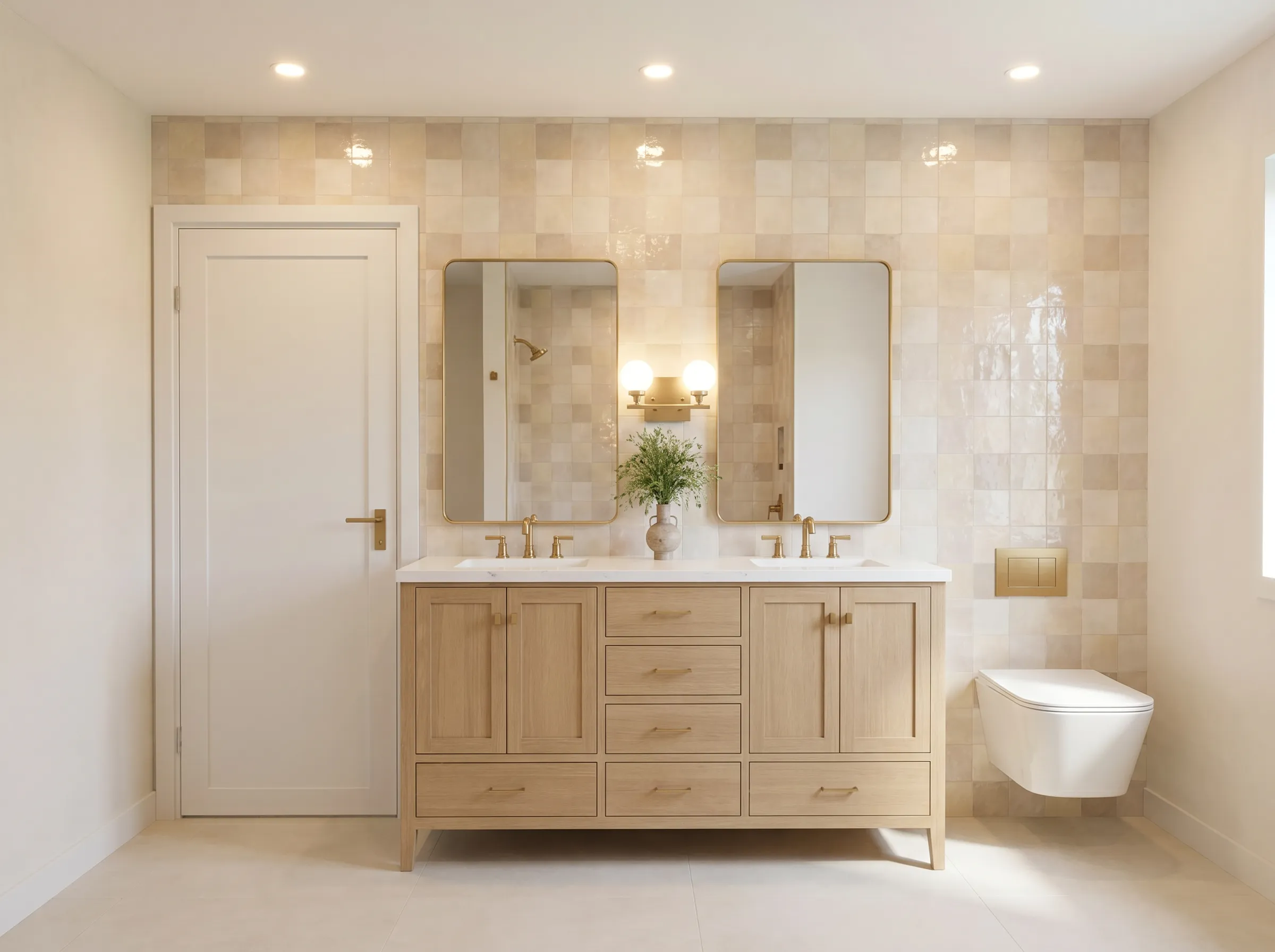 3D render of a bathroom with beige zellige tile and a light-oak double vanity