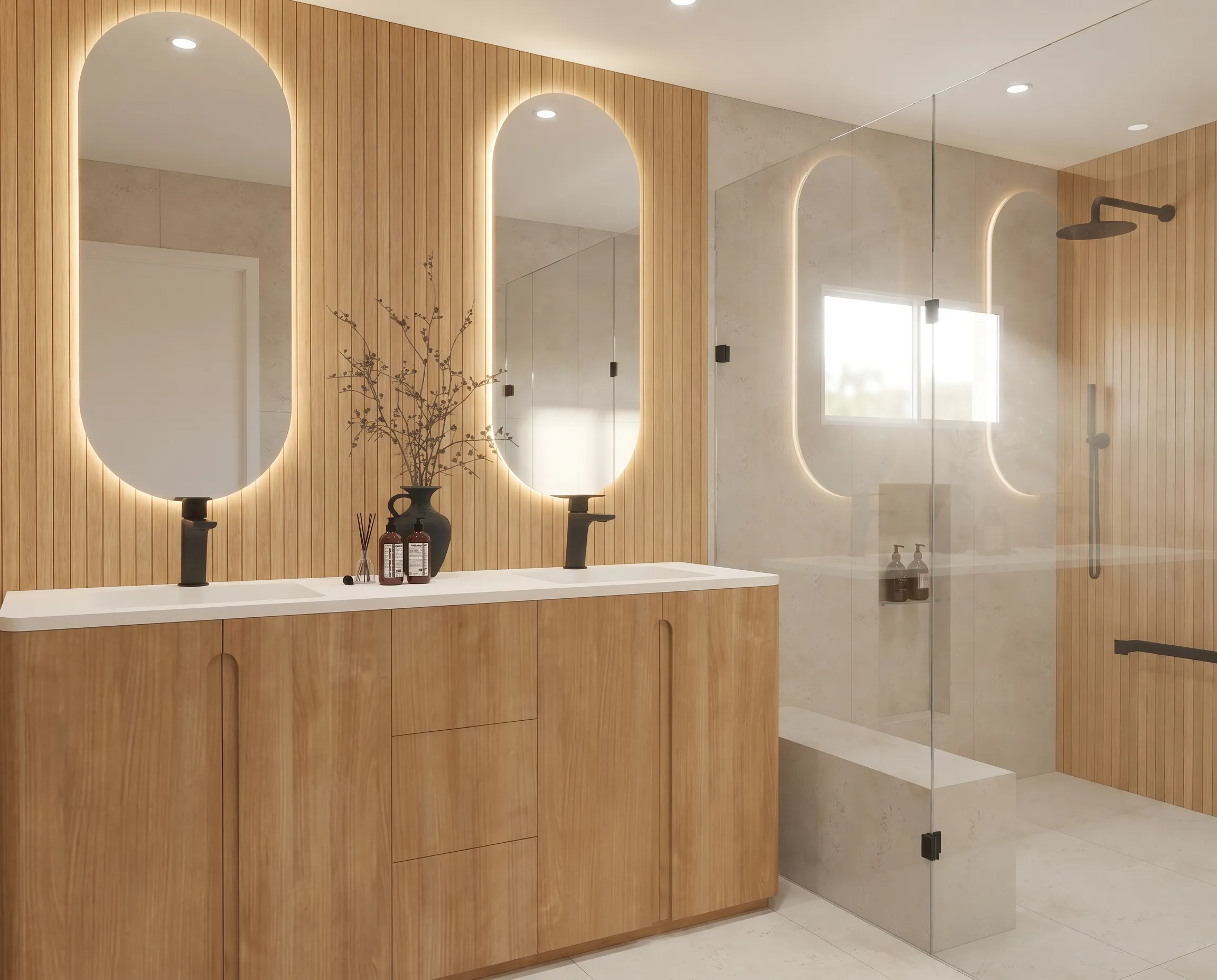3D render of a bathroom with wood-slat walls, oval backlit mirrors, and a walk-in shower