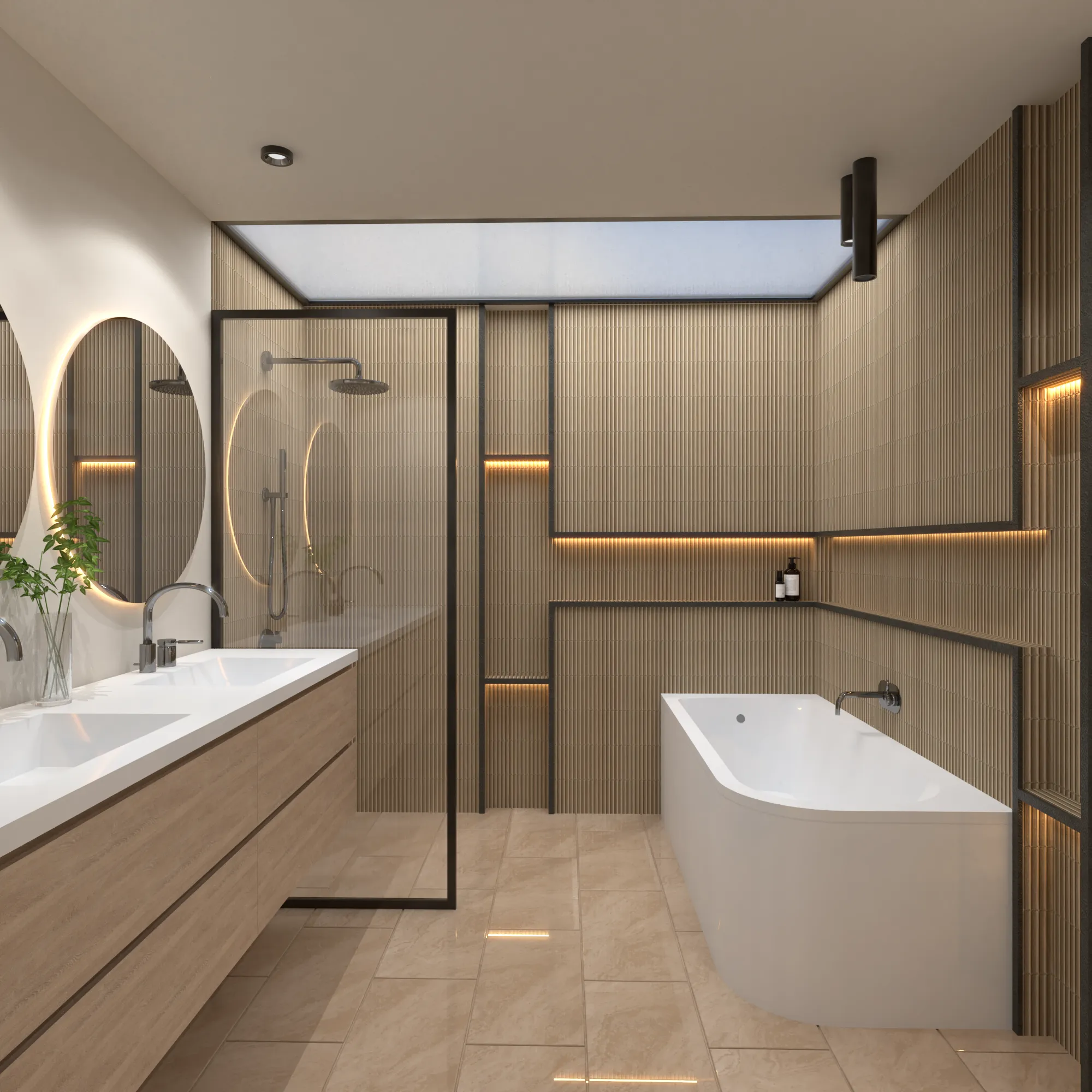 3D render of a wood-slat bathroom with oval backlit mirrors, a double vanity, and a freestanding tub