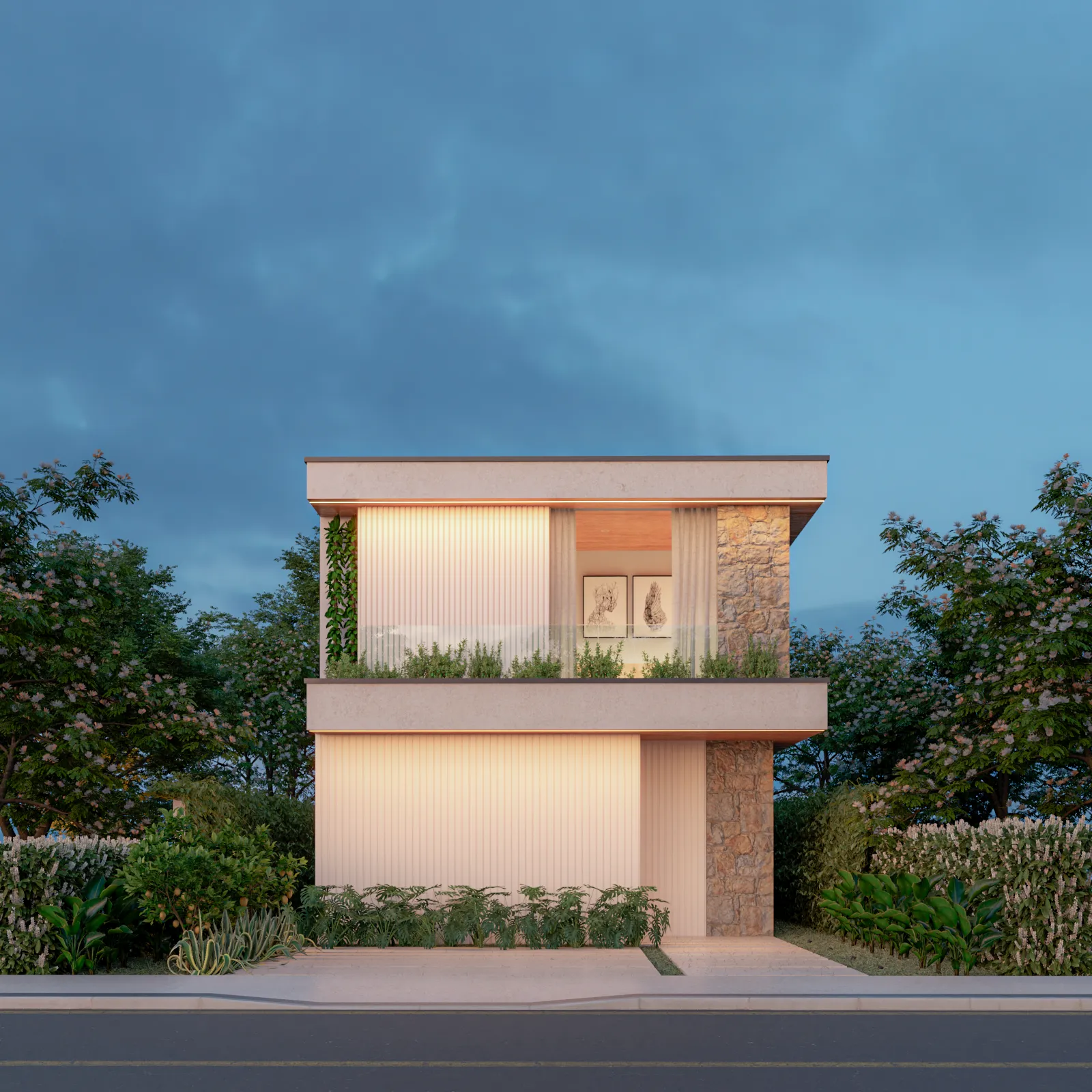 3D exterior render of a compact modern two-storey home at twilight