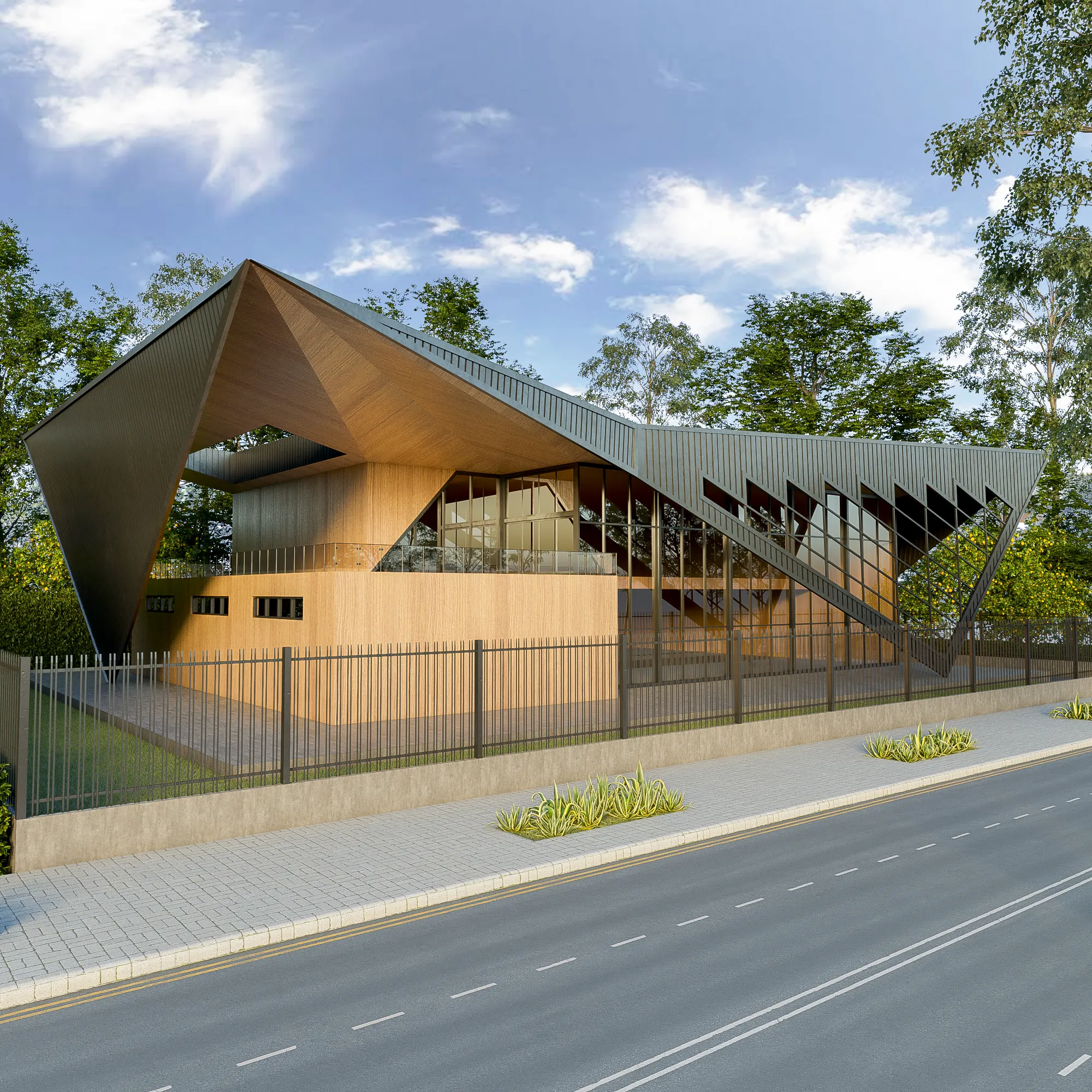 3D render of a contemporary commercial building with a folded metal roof