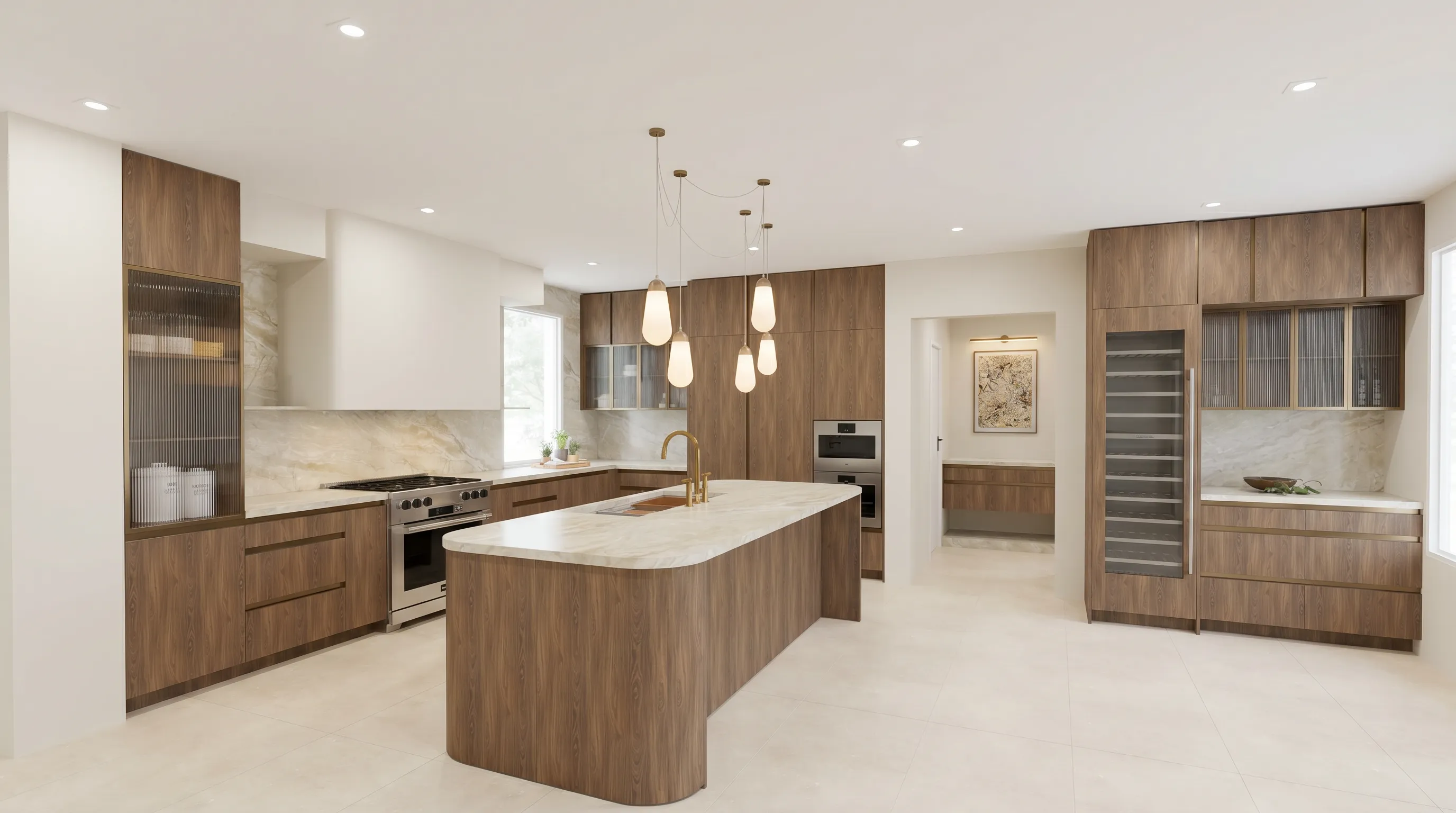 3D render of a walnut kitchen with a large island and glass pendants