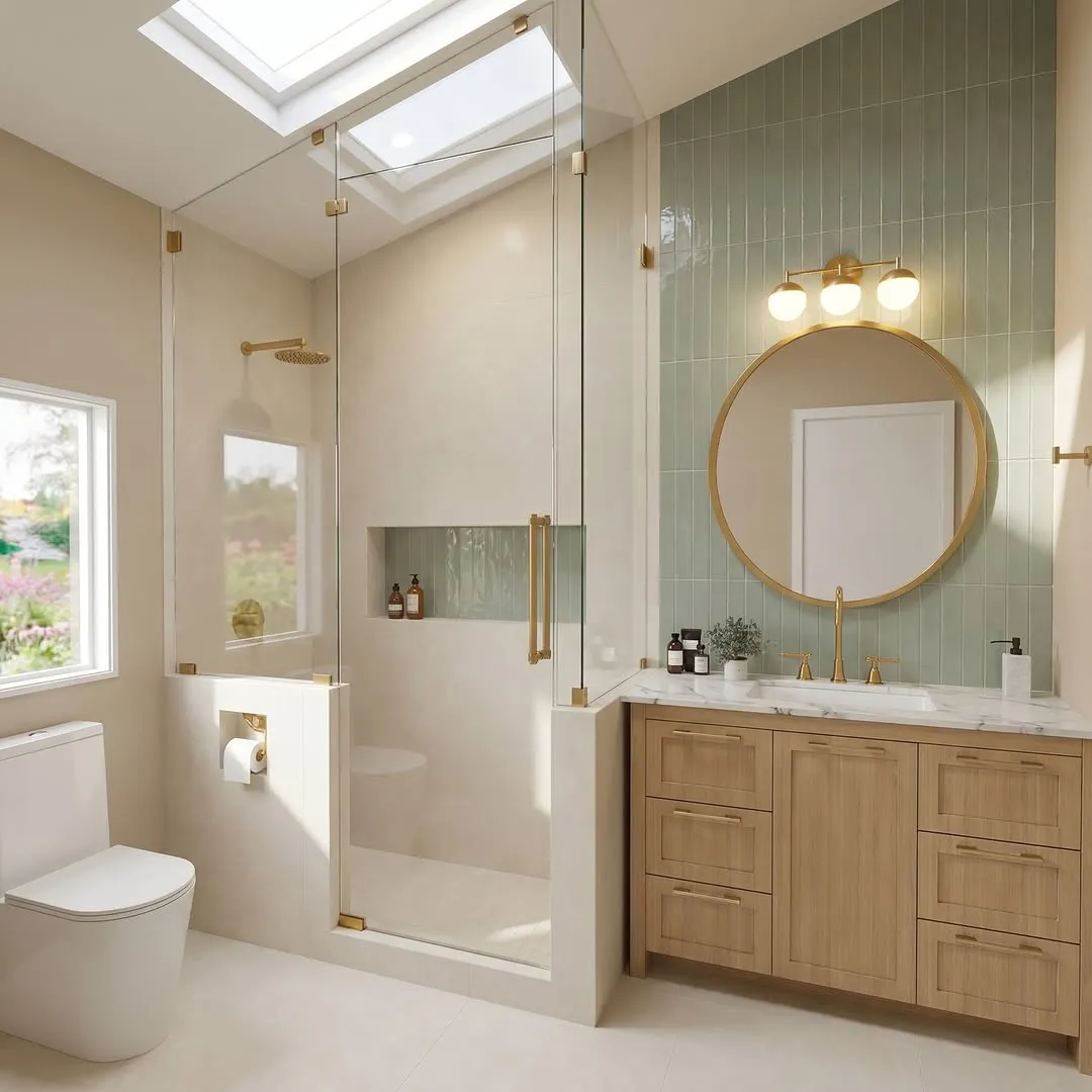 3D interior render of a spa-style bathroom with sage green tile and a brass mirror