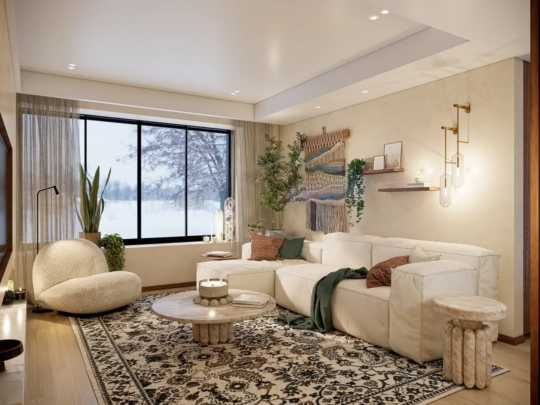 3D render of a living room with a bouclé sectional and a winter window