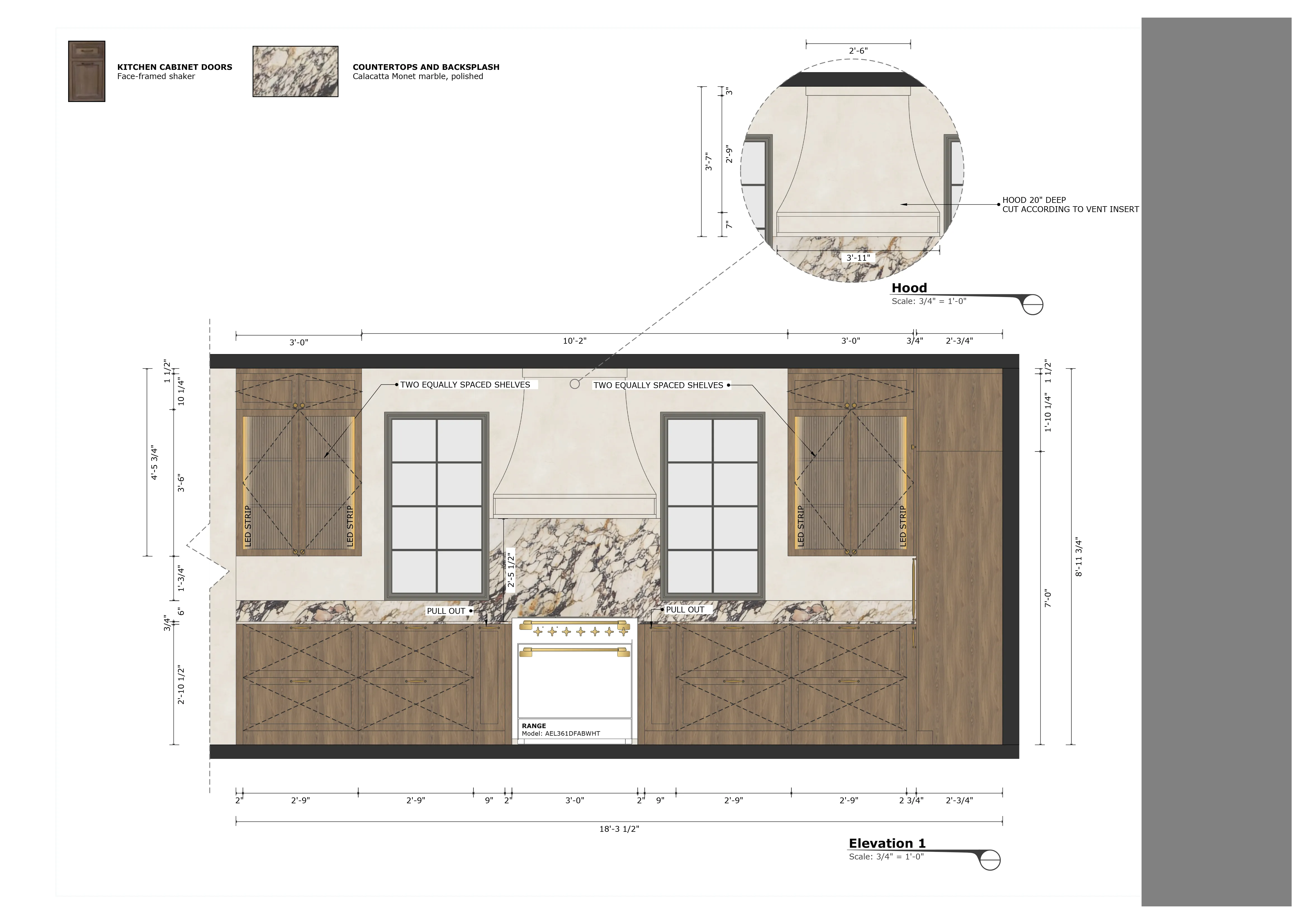Kitchen elevation: range wall with hood and shaker cabinetry