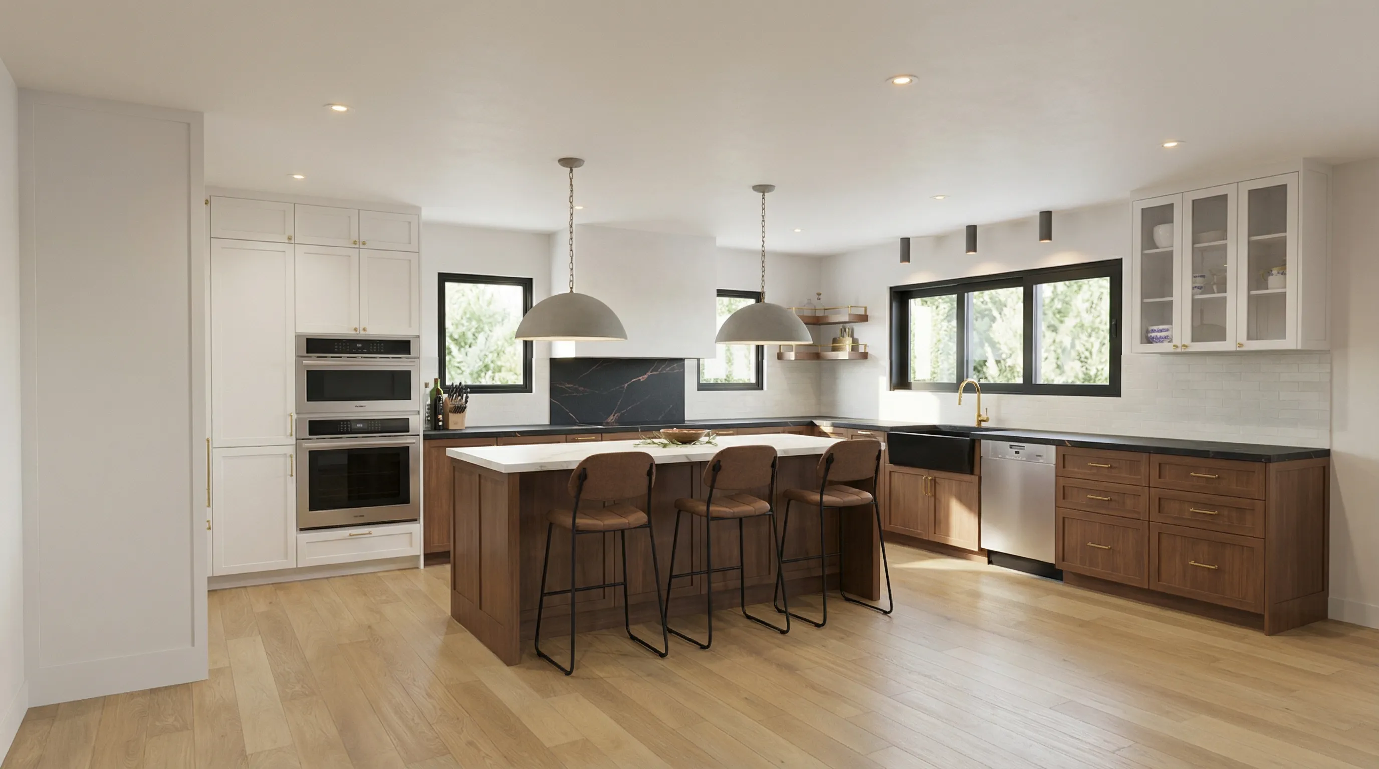 3D render of a white-and-walnut kitchen with a marble waterfall island, dome pendants, and leather bar stools