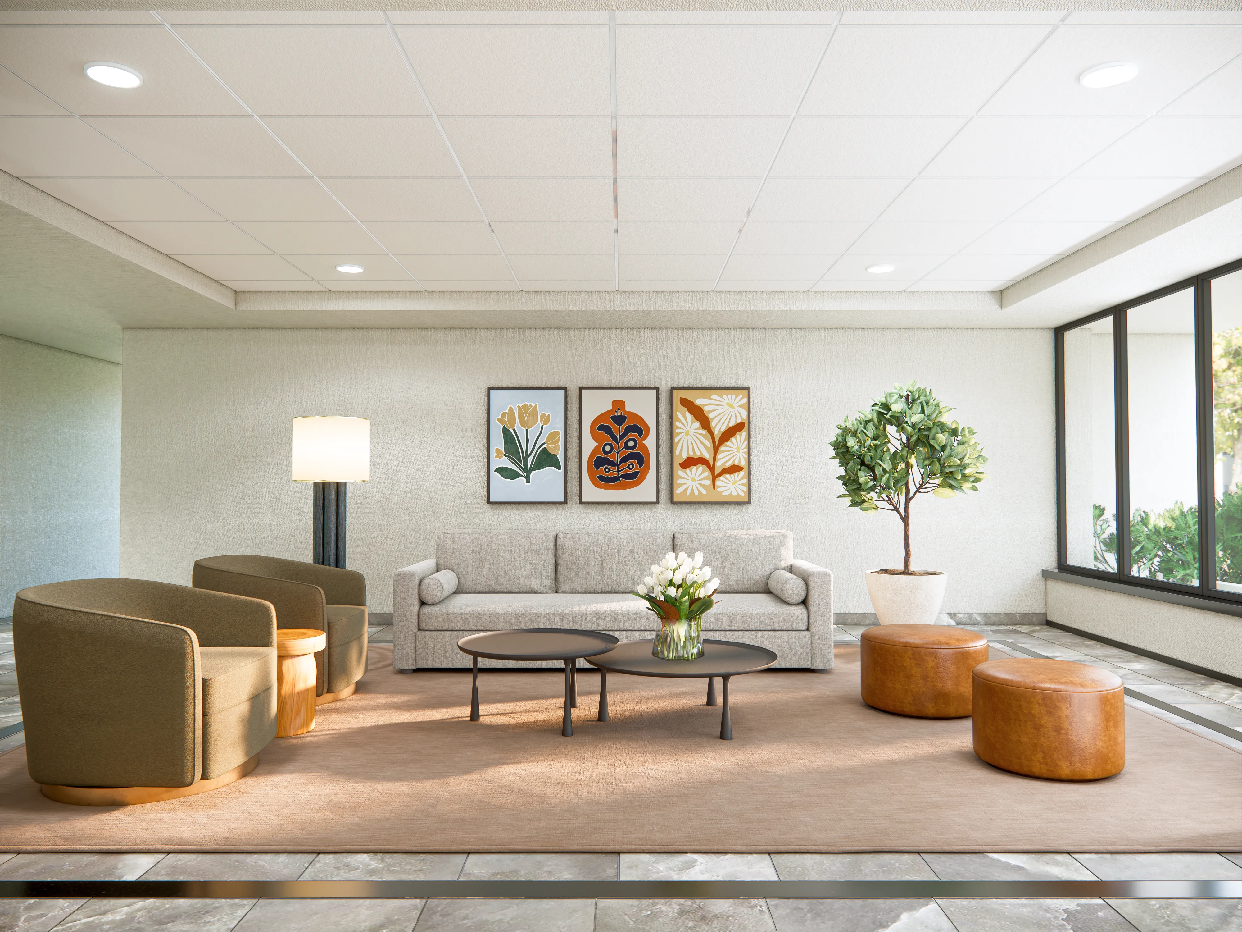 3D render of a commercial office lobby with lounge seating and artwork