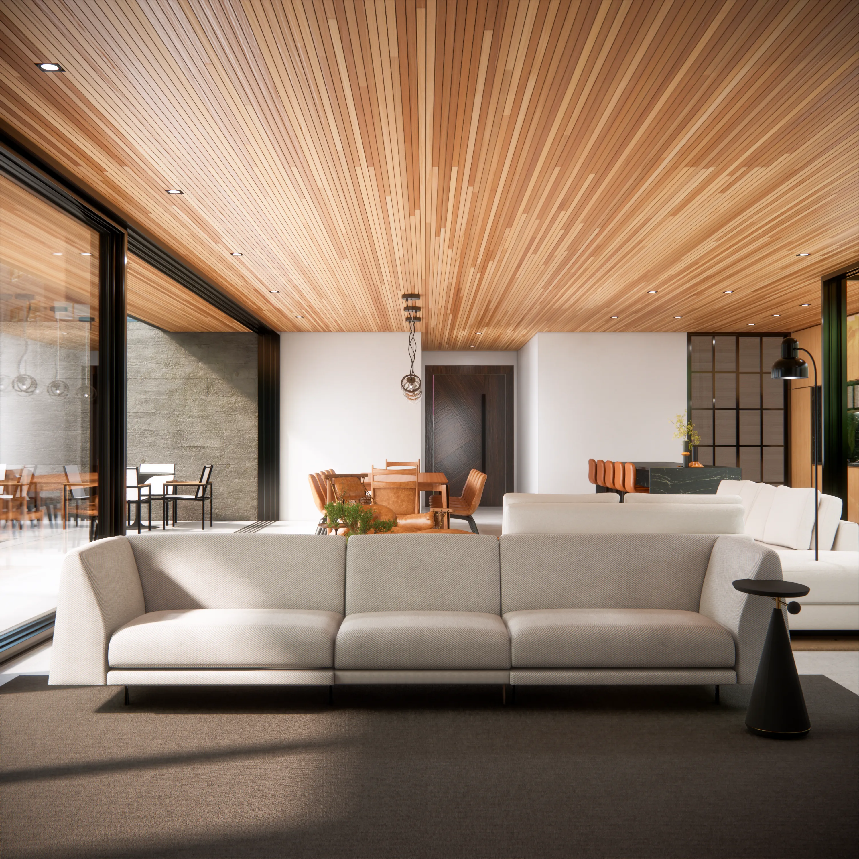 3D render of an open-plan living and dining space with a timber-slat ceiling and a cream sofa