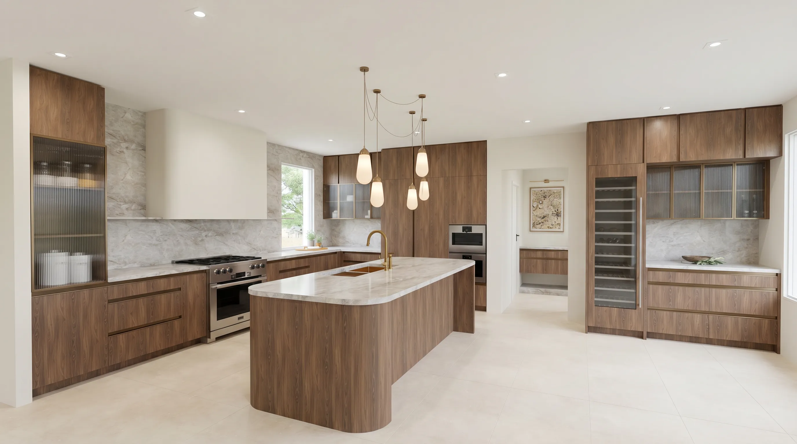 3D render of a walnut kitchen with a marble island and a built-in wine wall