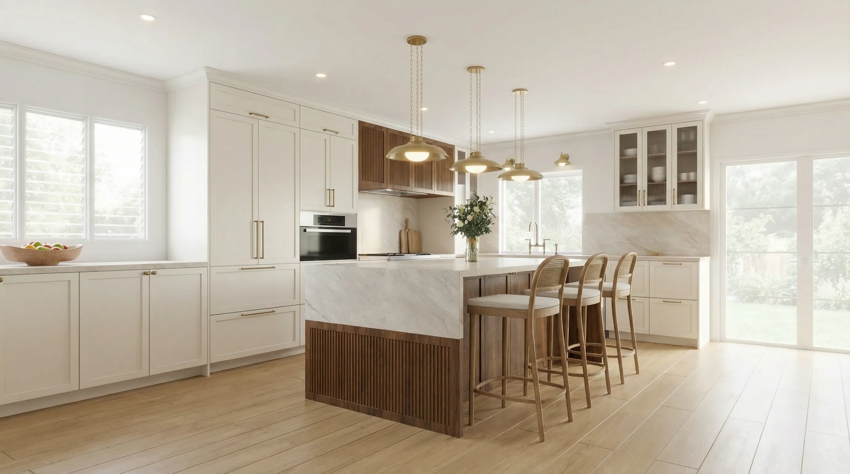 3D interior render of a wood-panelled bedroom with floor-to-ceiling city views