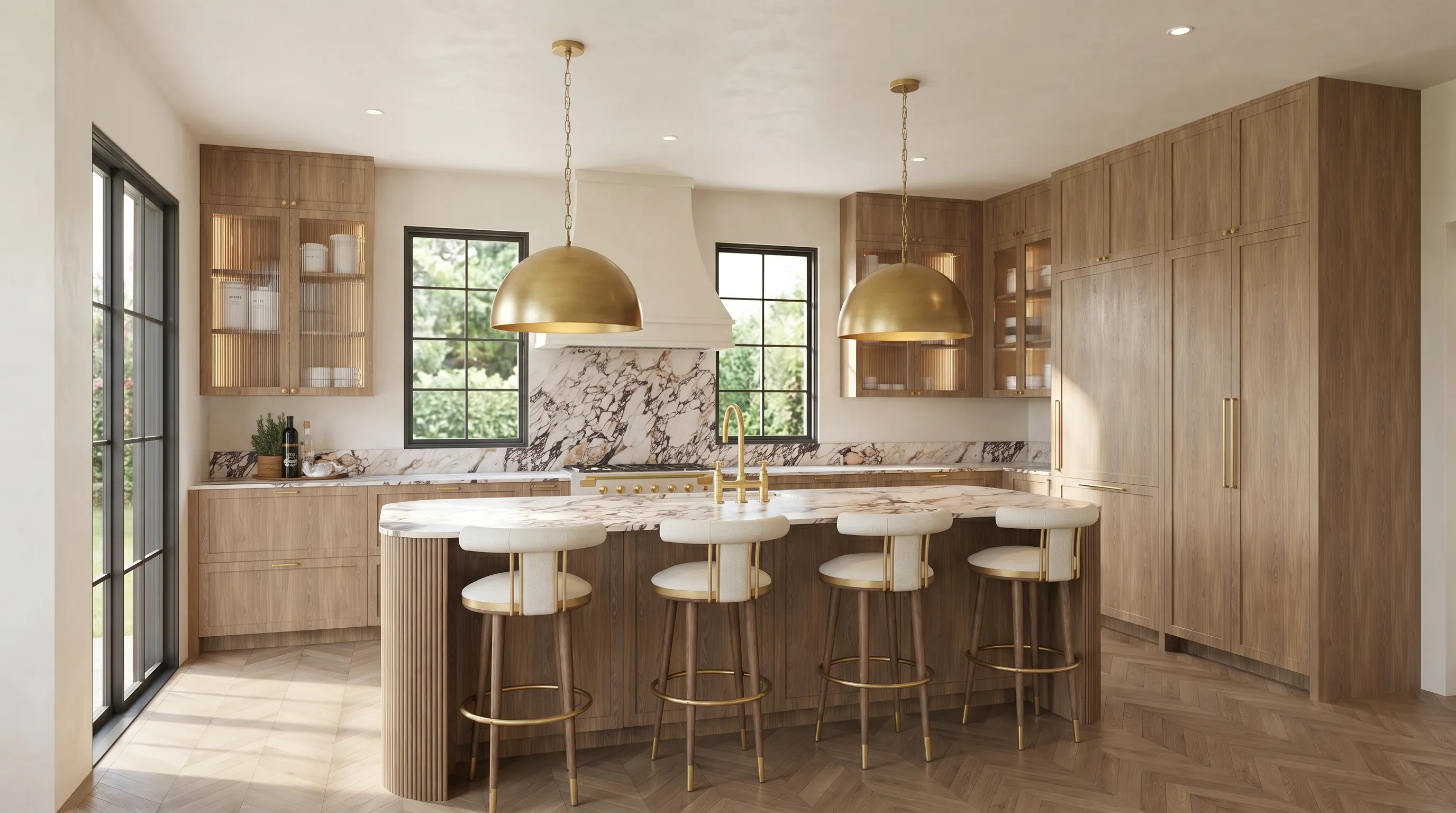 Photorealistic 3D render of a warm wood kitchen with gold dome pendants and a marble island